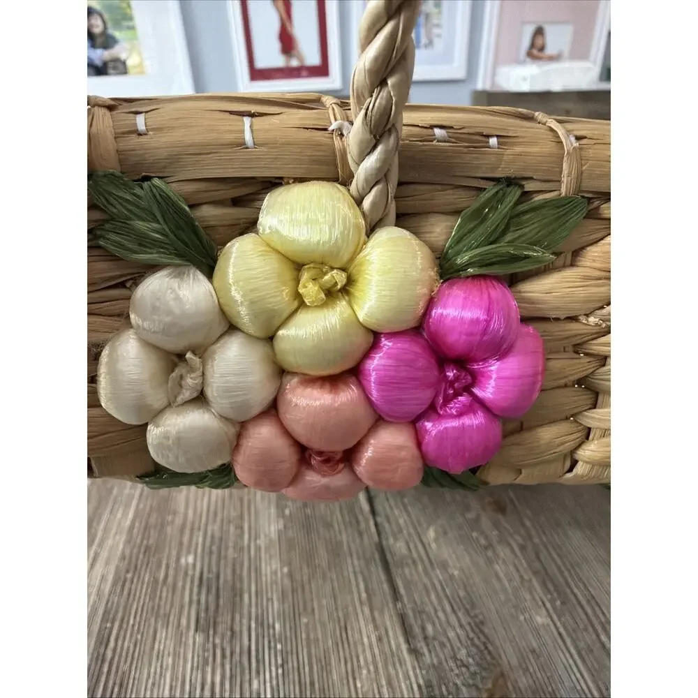 Vintage Casserole Dish Carrier Baskets Raffia With Flowers Set Of 3 Nesting